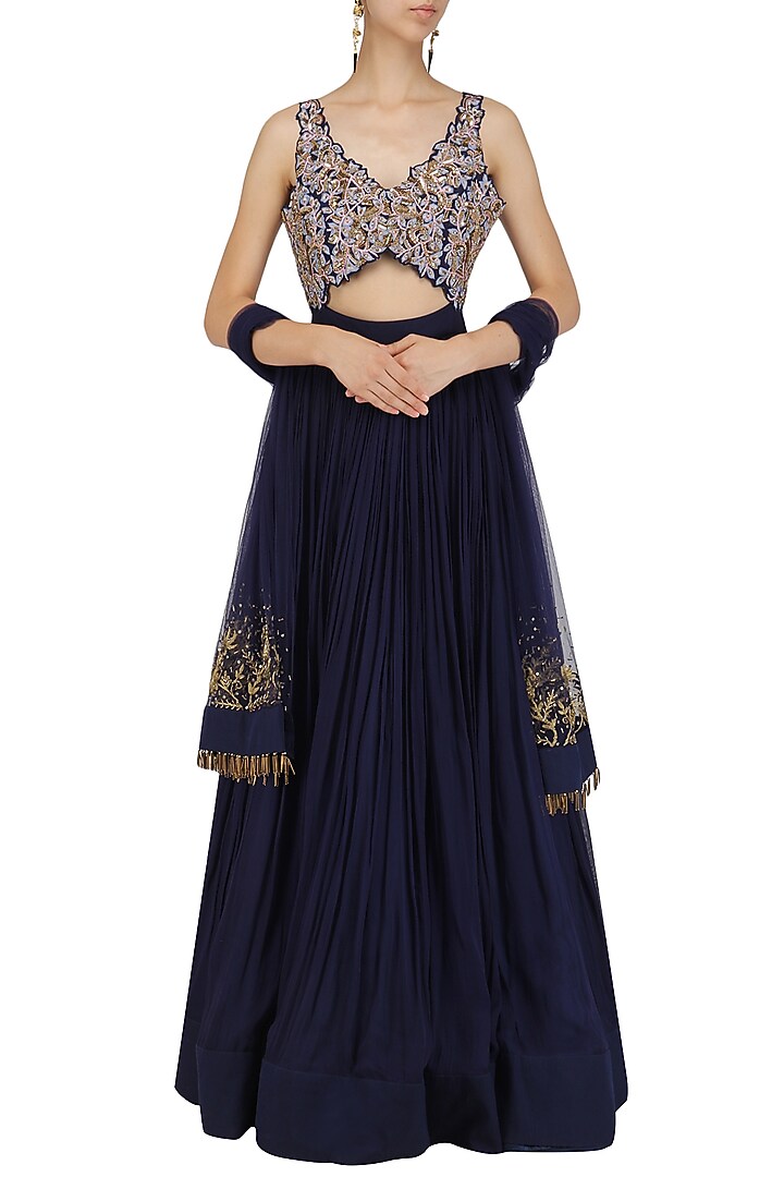 Midnight blue resham and dabka embroidered anarkali set available only at Pernia's Pop Up Shop.