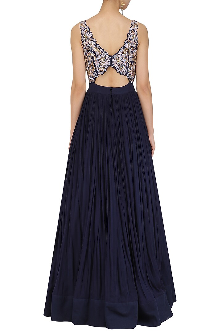 Midnight blue resham and dabka embroidered anarkali set available only at Pernia's Pop Up Shop.