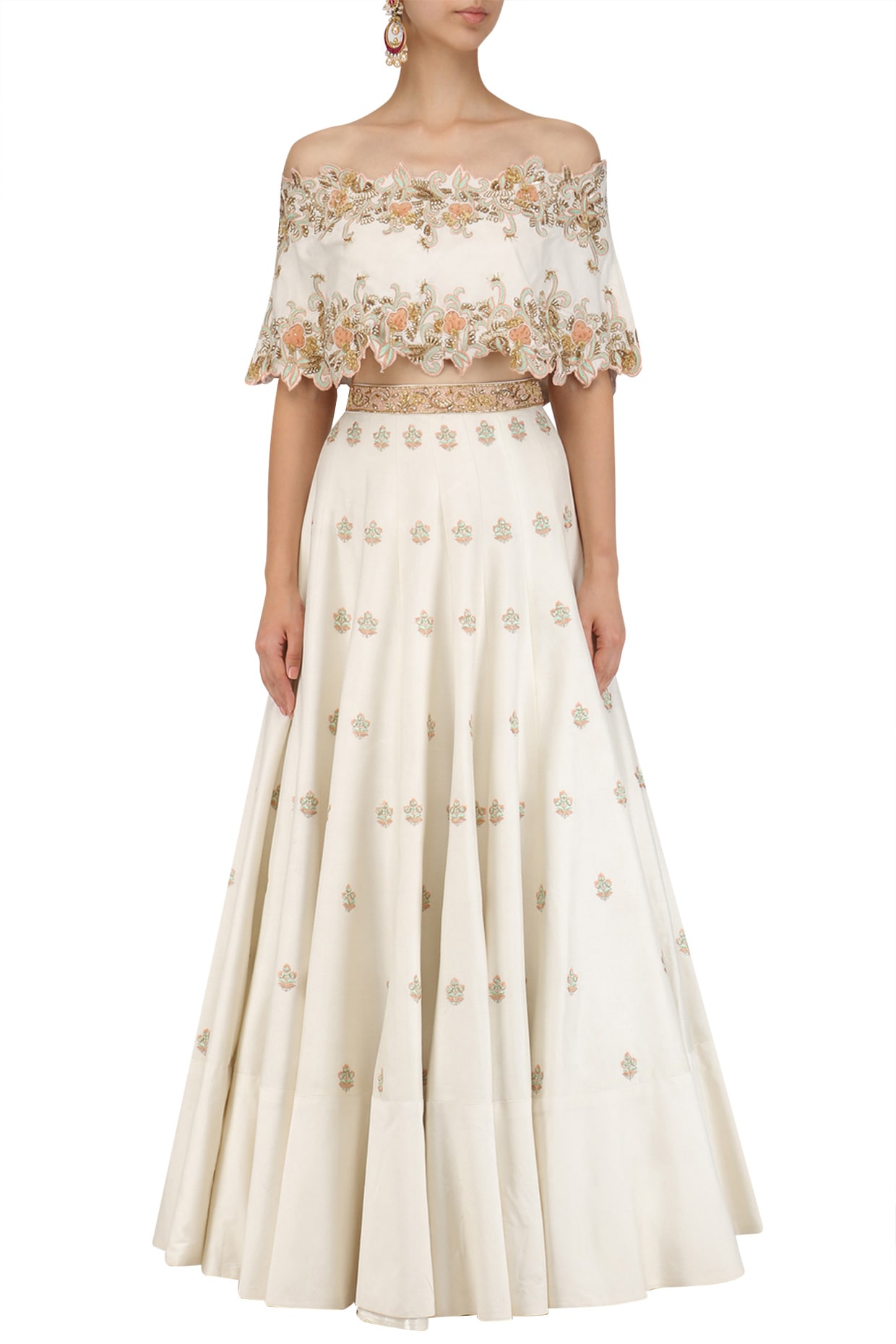 Buy Peach Organza Embroidered Floral Off Shoulder Blouse And Lehenga Set  For Women by Naintara Bajaj Online at Aza Fashions.