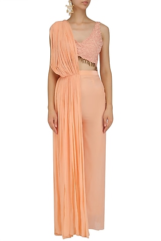 Peach Floral Embroidered Blouse with Drape Pants Set by Nitika Kanodia Gupta