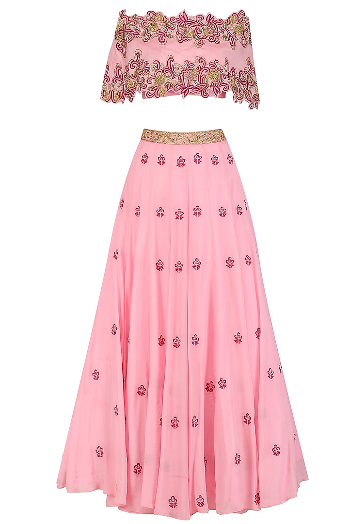 Pink Floral Embroidered Off Shoulder Lehenga Set with Cape by Nitika Kanodia Gupta