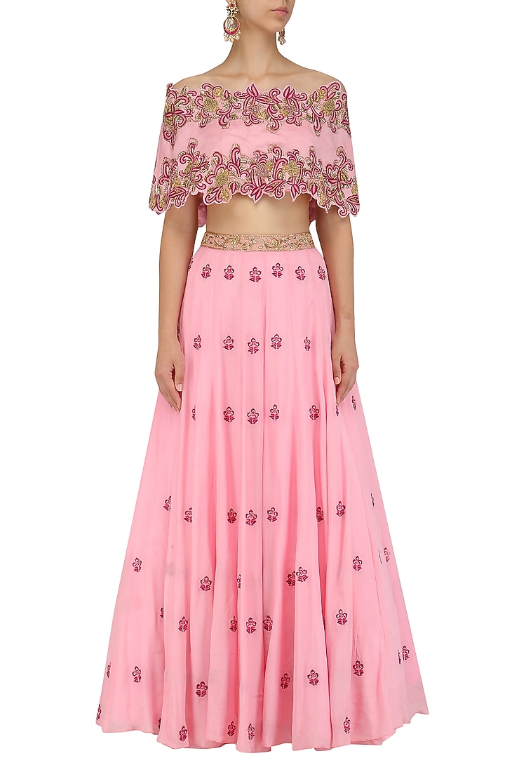 Pink floral embroidered off shoulder lehenga set with cape available only at Pernia's Pop Up Shop.