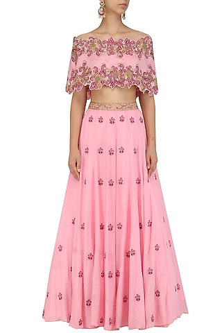 Pink Floral Embroidered Off Shoulder Lehenga Set with Cape by Nitika Kanodia Gupta