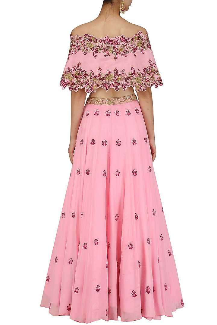 Pink floral embroidered off shoulder lehenga set with cape available only at Pernia's Pop Up Shop.