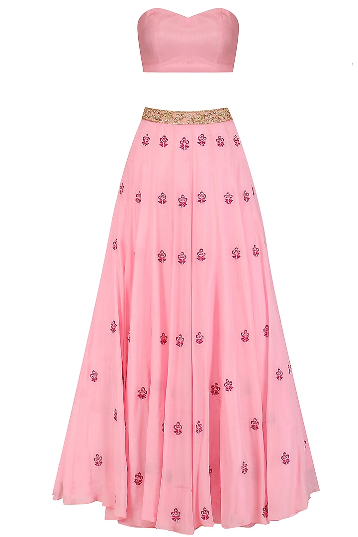 Pink floral embroidered off shoulder lehenga set with cape available only at Pernia's Pop Up Shop.