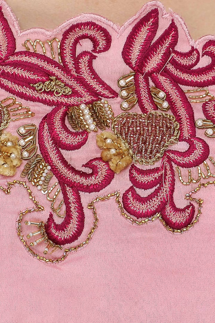 Pink floral embroidered off shoulder lehenga set with cape available only at Pernia's Pop Up Shop.