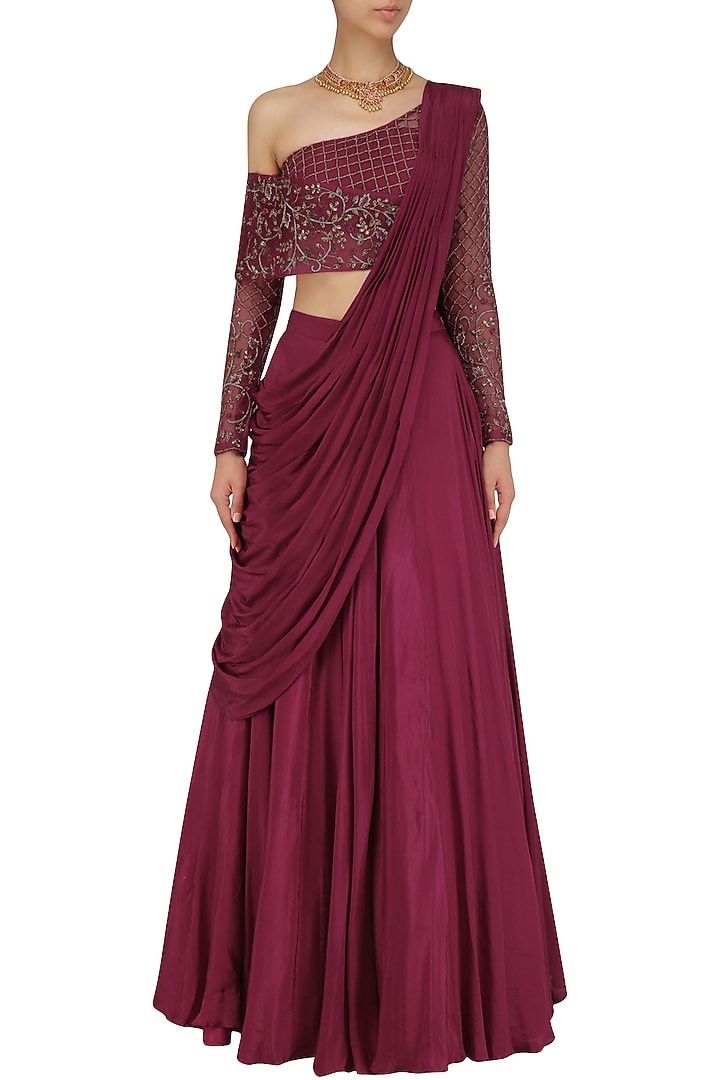Red Wine crepe hand embroidered lehenga set available only at Pernia's Pop Up Shop.