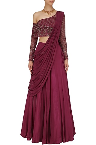Red Wine Crepe Hand Embroidered Lehenga Set by Nitika Kanodia Gupta