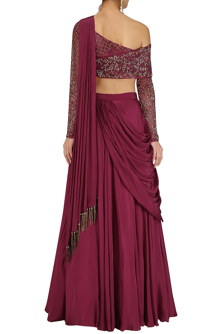 Red Wine crepe hand embroidered lehenga set available only at Pernia's Pop Up Shop.