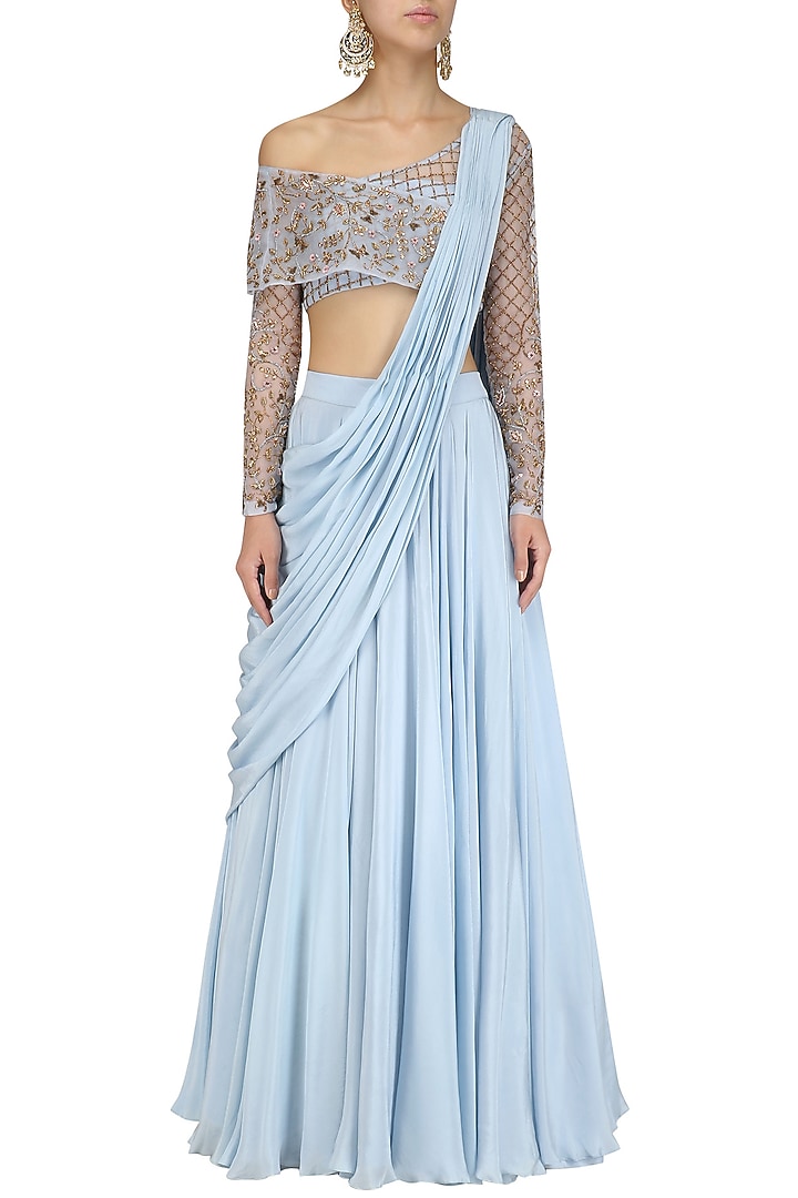 Powder Blue hand embroidered lehenga set available only at Pernia's Pop Up Shop.