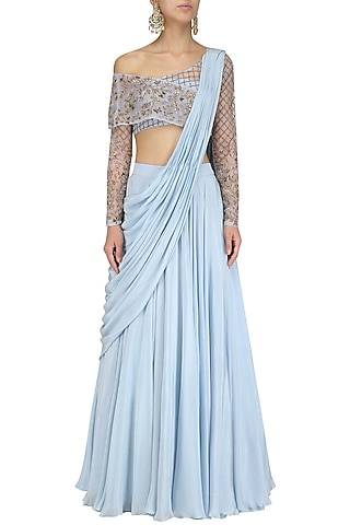 Powder Blue Hand Embroidered Lehenga Set by Nitika Kanodia Gupta