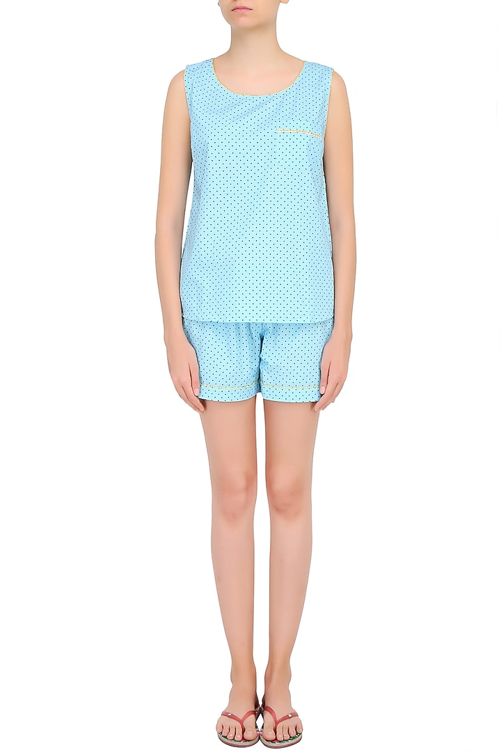 Blue dots printed sleeveless shirt and shorts set available only at Pernia's Pop Up Shop.