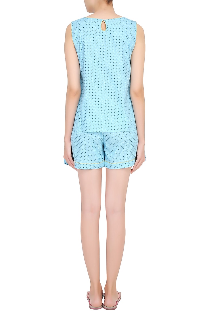 Blue dots printed sleeveless shirt and shorts set available only at Pernia's Pop Up Shop.