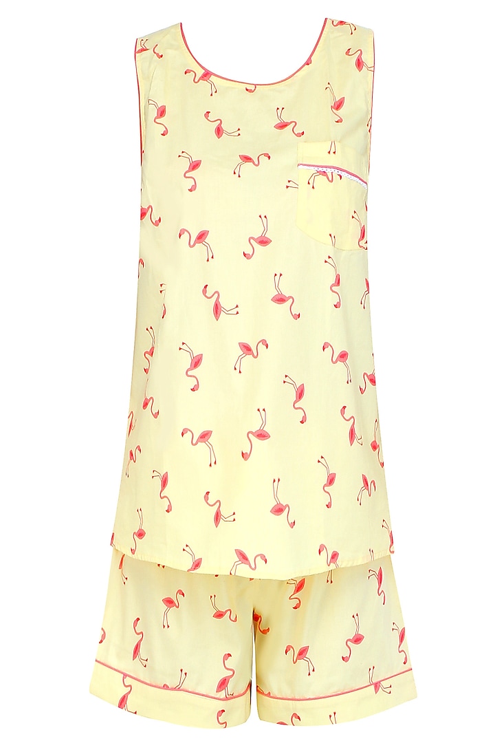 Yellow and coral flamingo printed shirt and shorts set available only at Pernia's Pop Up Shop.