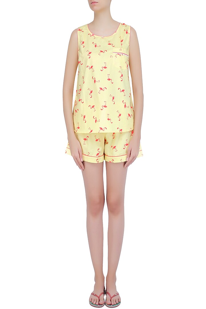 Yellow and coral flamingo printed shirt and shorts set available only at Pernia's Pop Up Shop.