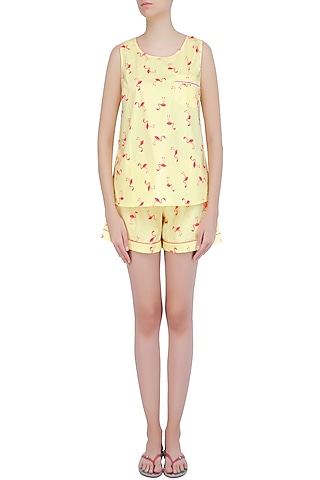 Yellow and Coral Flamingo Printed Shirt and Shorts Set by Dandelion