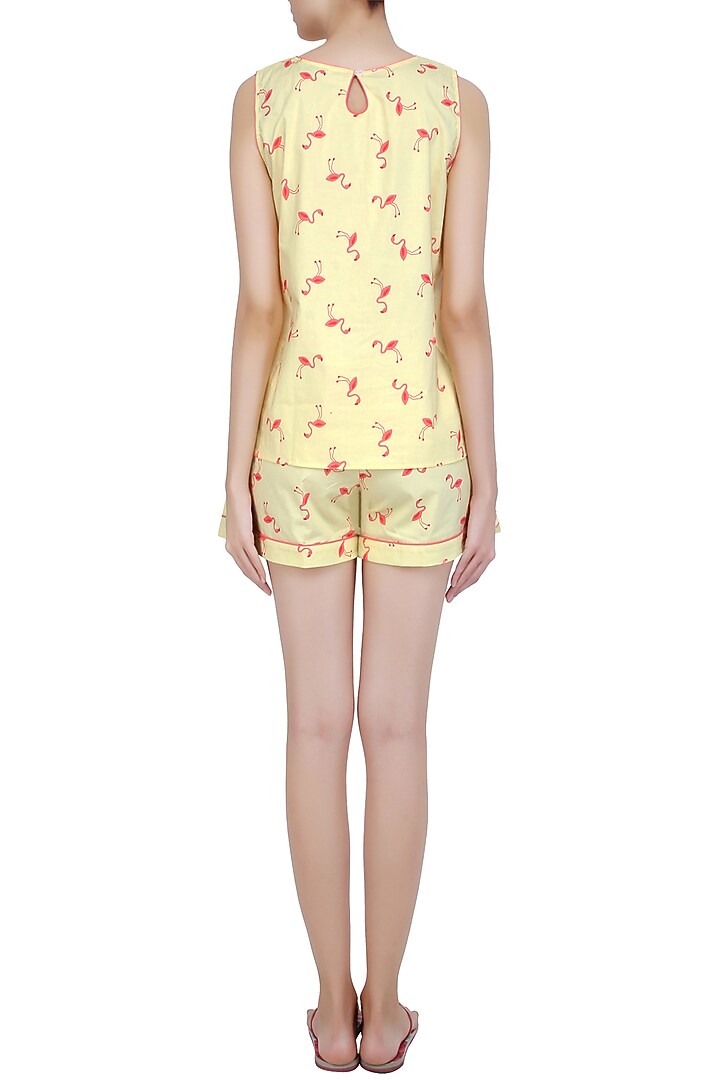Yellow and coral flamingo printed shirt and shorts set available only at Pernia's Pop Up Shop.