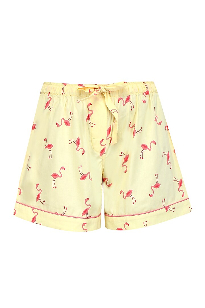 Yellow and coral flamingo printed shirt and shorts set available only at Pernia's Pop Up Shop.