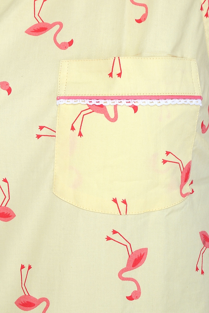 Yellow and coral flamingo printed shirt and shorts set available only at Pernia's Pop Up Shop.