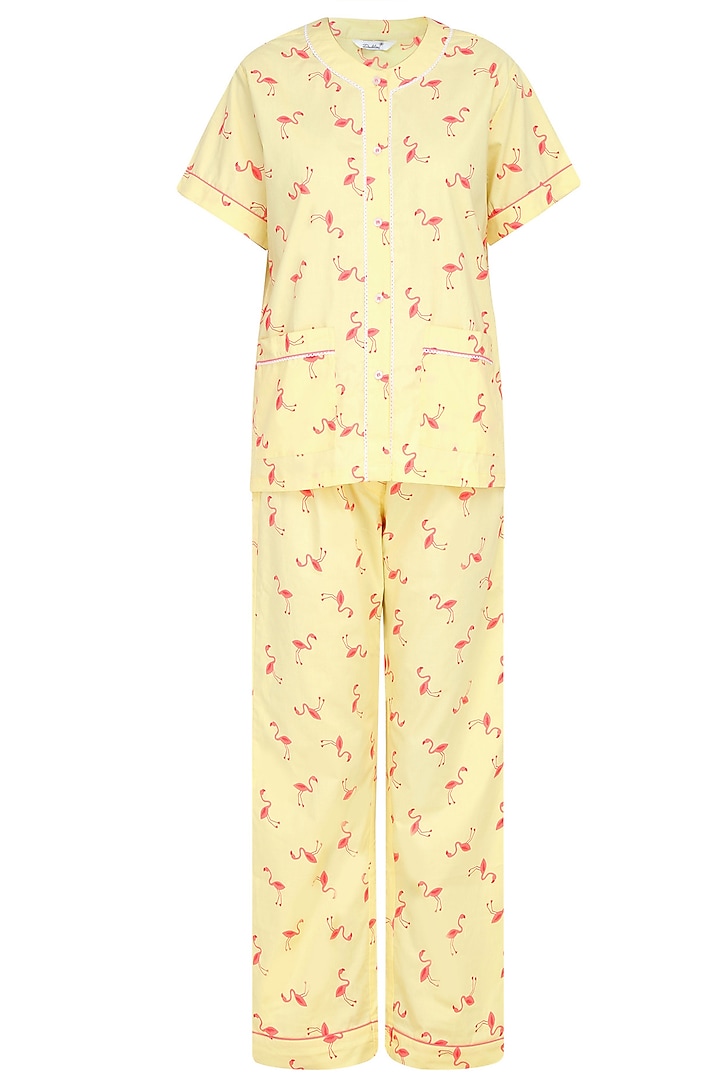 Yellow and Coral Flamingo Printed Nightsuit Set by Dandelion