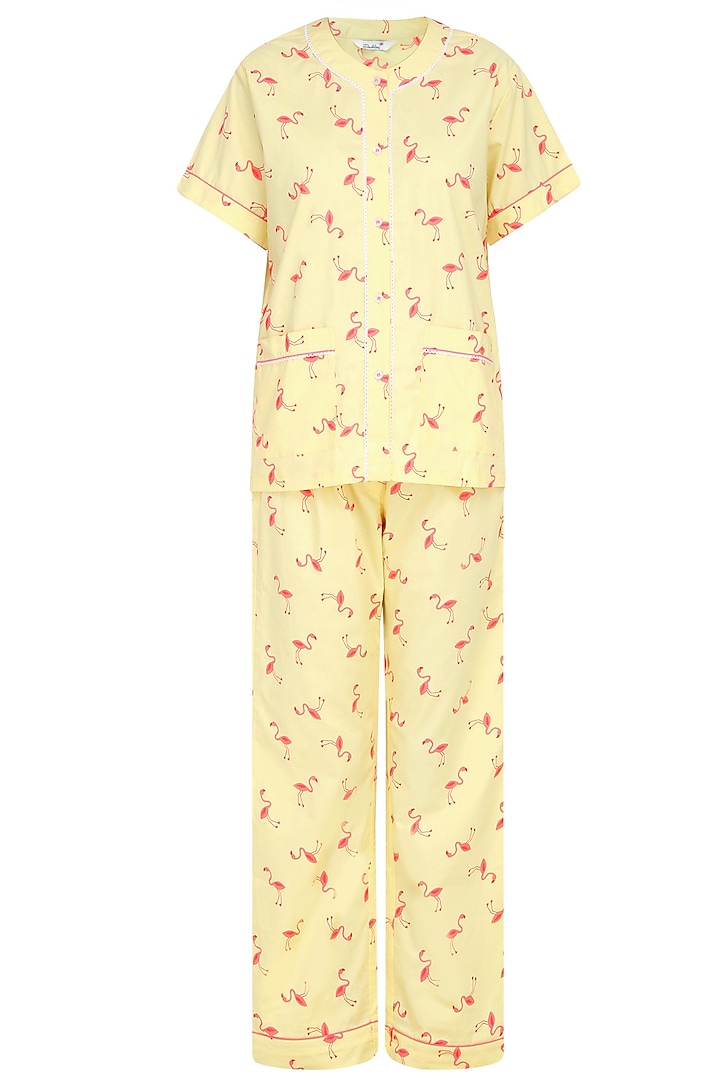 Yellow and coral flamingo printed nightsuit set available only at Pernia's Pop Up Shop.