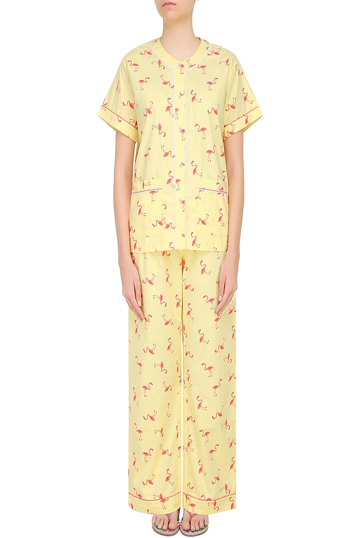 Yellow and coral flamingo printed nightsuit set available only at Pernia's Pop Up Shop.