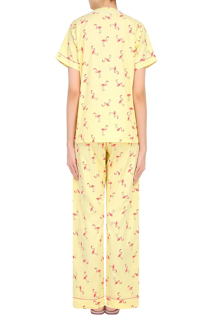 Yellow and coral flamingo printed nightsuit set available only at Pernia's Pop Up Shop.
