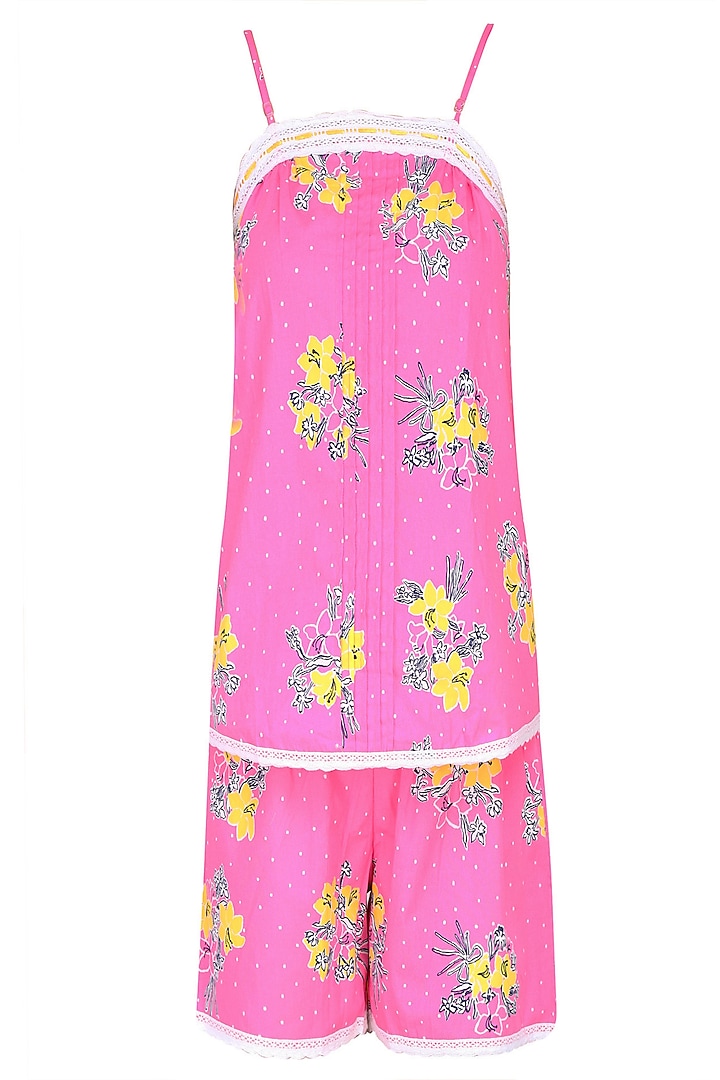 Pink and Yellow Flowers Printed Camisole and Shorts Set by Dandelion
