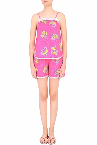 Pink and Yellow Flowers Printed Camisole and Shorts Set by Dandelion