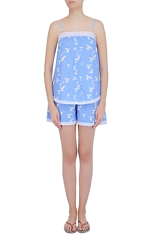 Blue and White Dove Printed Camisole and Shorts Set by Dandelion