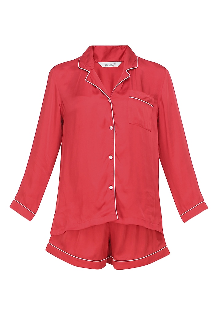 Red satin shirt and shorts set by Dandelion