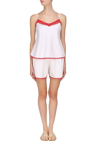 White and red satin camisole and shorts set by Dandelion