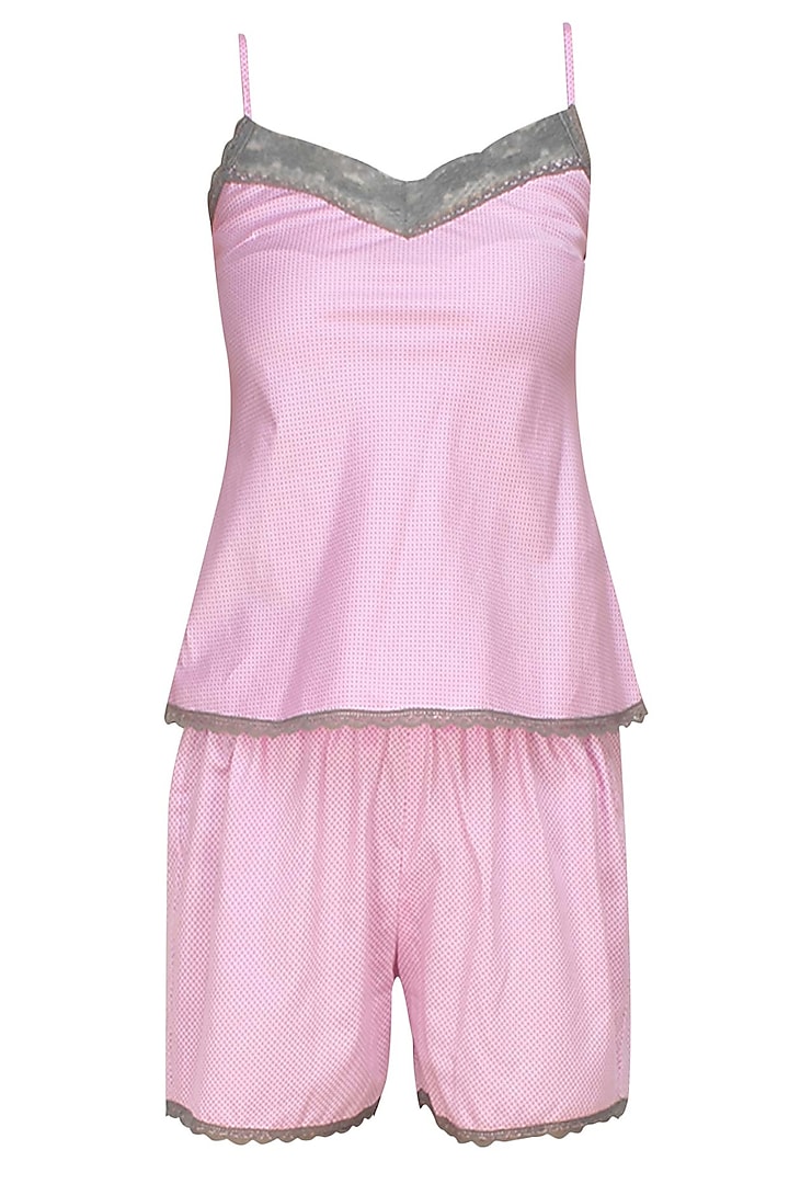 Pink and grey satin camisole and shorts set available only at Pernia's Pop Up Shop.