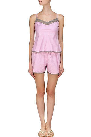 Pink and grey satin camisole and shorts set by Dandelion