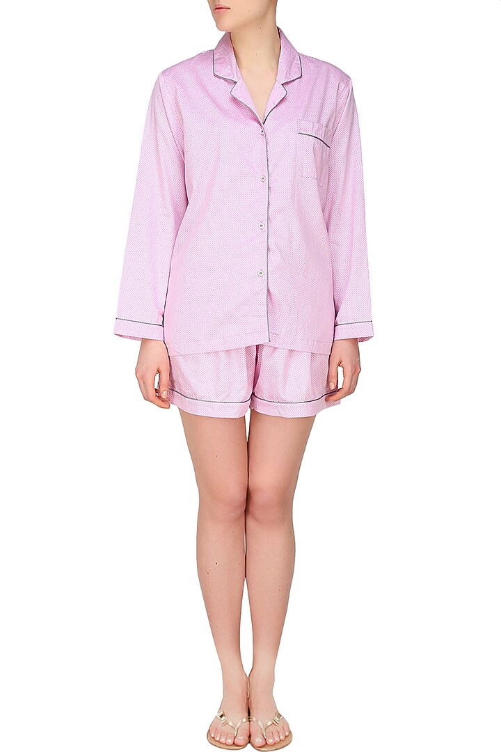 Pink and grey polka dot shirt and shorts set available only at Pernia's Pop Up Shop.