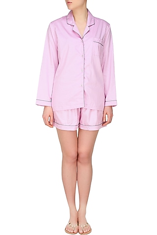 Pink and grey dot printed shirt and shorts set by Dandelion