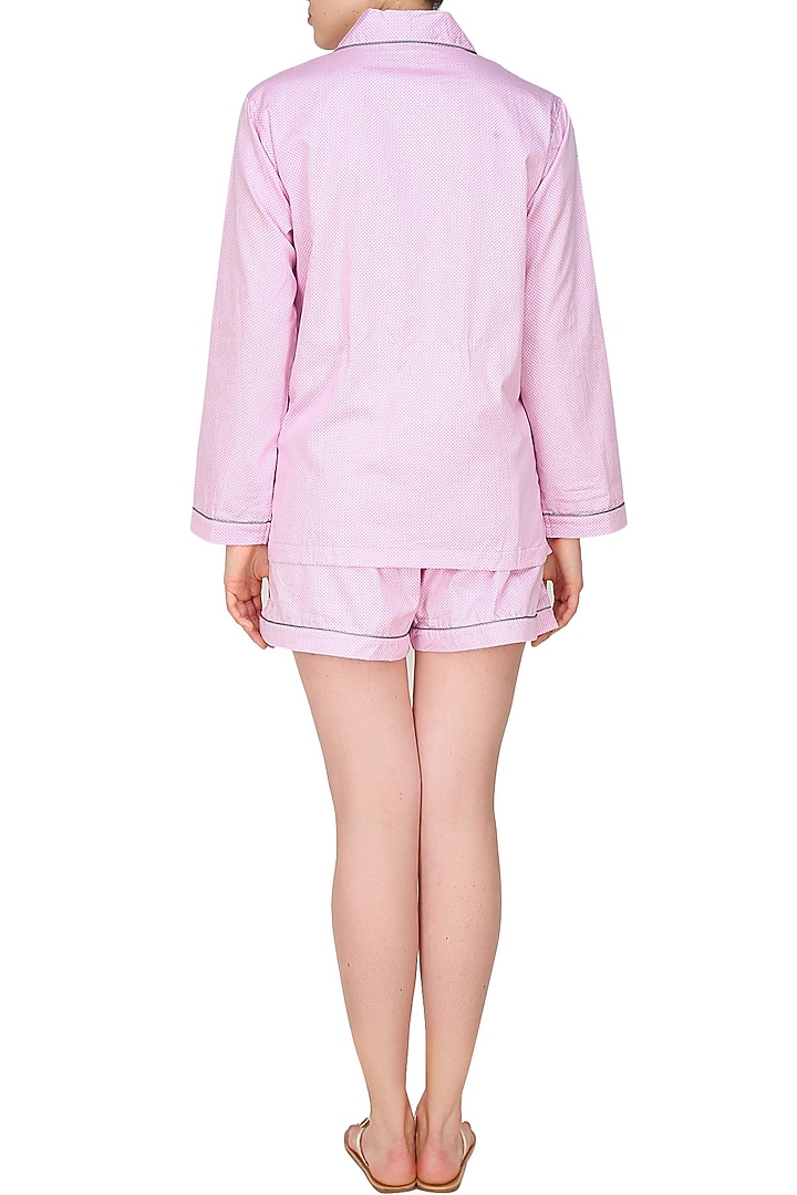 Pink and grey polka dot shirt and shorts set available only at Pernia's Pop Up Shop.