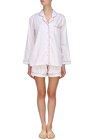 White and red dot printed shirt and shorts set by Dandelion