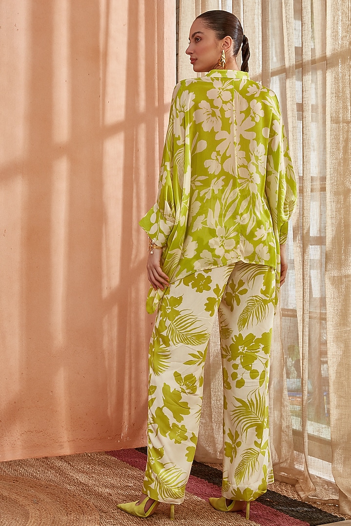 Spring Green Pearl Chiffon Asymmetrical Co-Ord Set by Label Deepika Nagpal at Pernia's Pop Up Shop