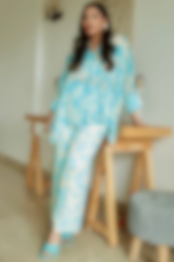Ocean Blue Pearl Chiffon Asymmetrical Co-Ord Set by Label Deepika Nagpal at Pernia's Pop Up Shop