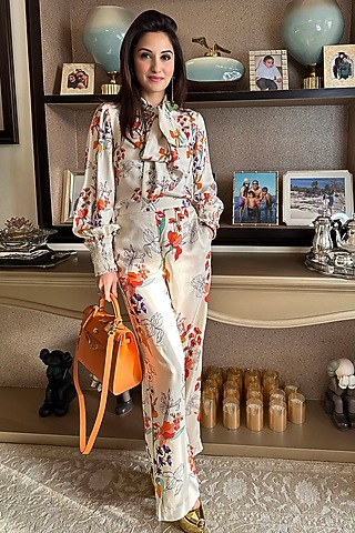 White & Crimson Bemberg Lensing Modal Co-Ord Set by Label Deepika Nagpal