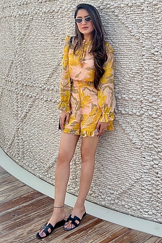 Amber Chiffon Lurex Frilled Playsuit by Label Deepika Nagpal