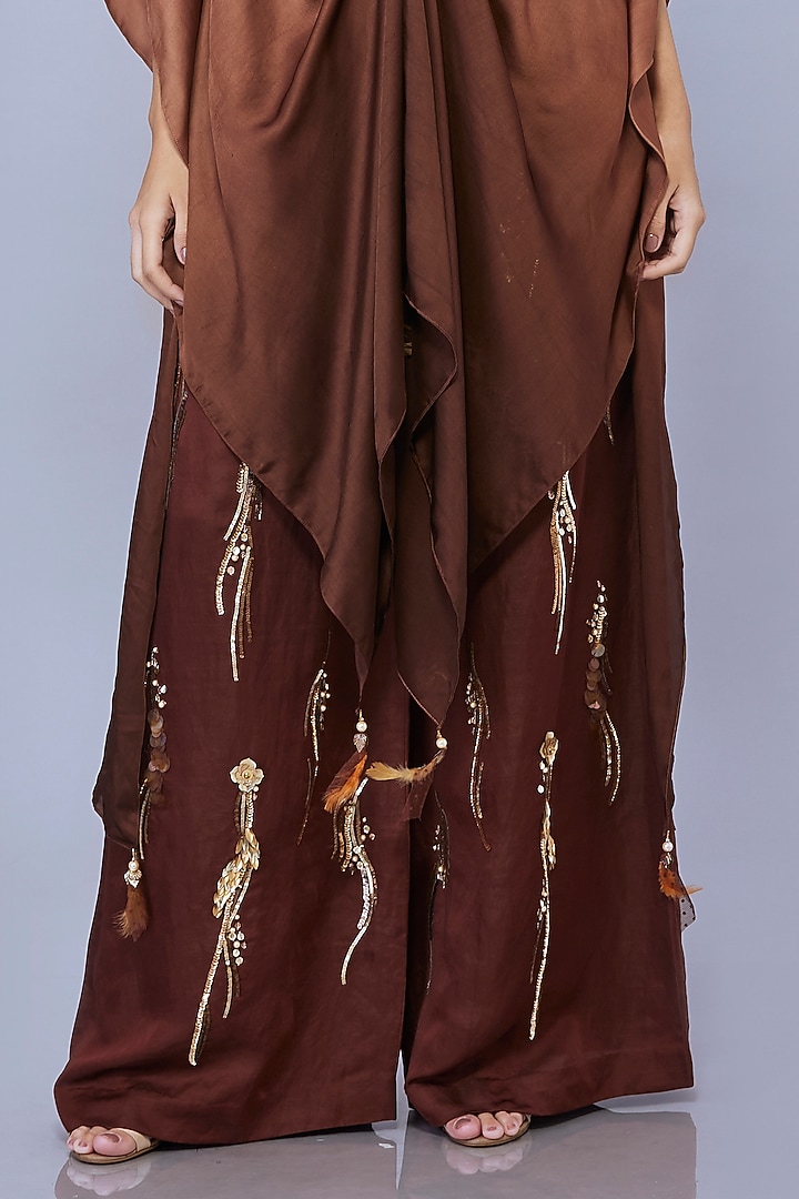 Brown Blended Satin Sequin Trousers by Dilnaz Karbhary at Pernia's Pop Up Shop