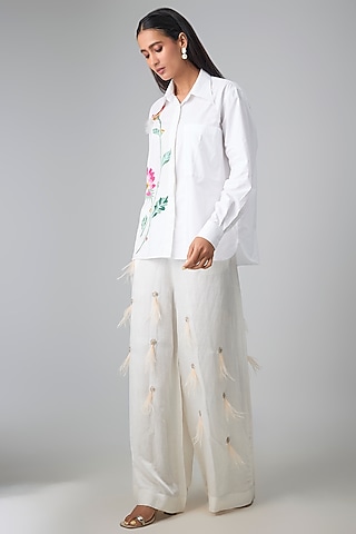 Ivory Blended Linen Trousers by Dilnaz Karbhary