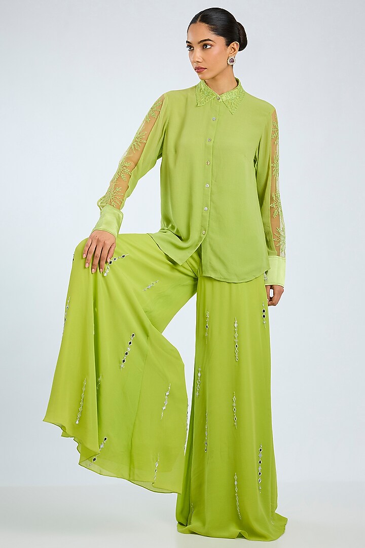 Green Georgette Shirt by Dilnaz Karbhary at Pernia's Pop Up Shop
