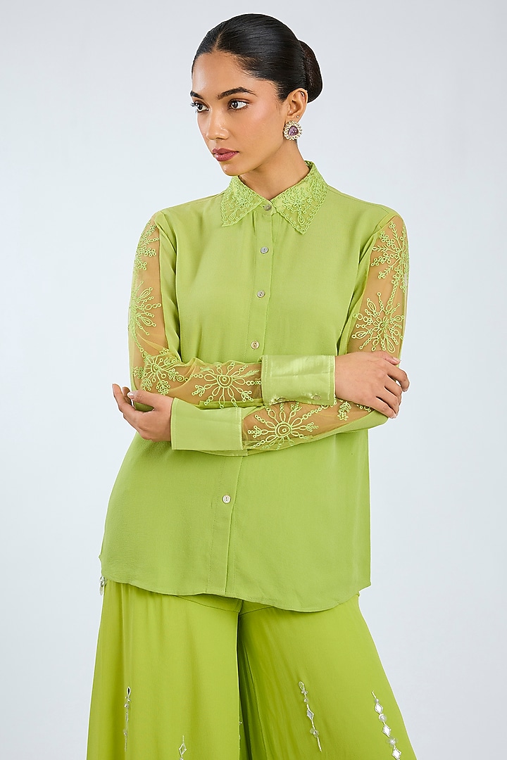 Green Georgette Shirt by Dilnaz Karbhary at Pernia's Pop Up Shop