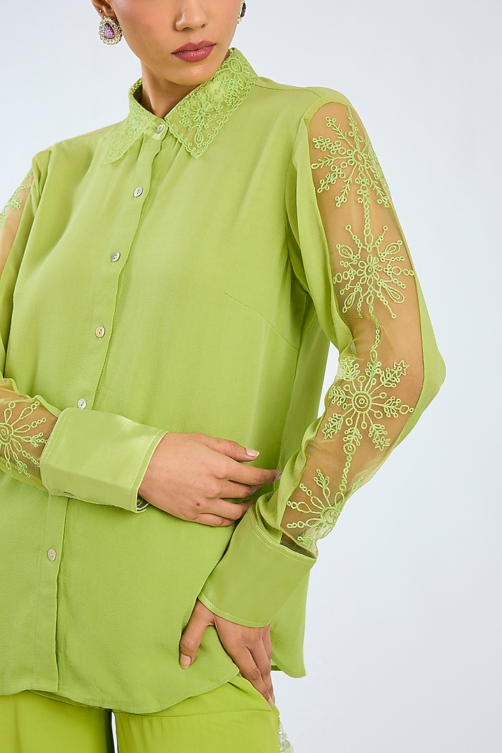Green Georgette Shirt by Dilnaz Karbhary at Pernia's Pop Up Shop