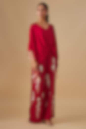 Red Blended Linen Trousers by Dilnaz Karbhary at Pernia's Pop Up Shop