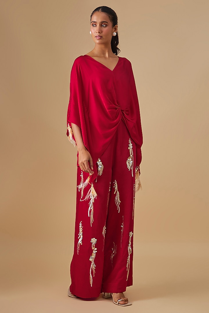 Red Blended Linen Trousers by Dilnaz Karbhary at Pernia's Pop Up Shop