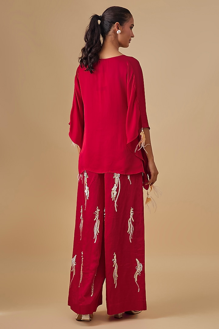 Red Blended Linen Trousers by Dilnaz Karbhary at Pernia's Pop Up Shop